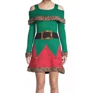 Christmas Holiday Time Elf Leopard Trim Off Shoulder Sweater Dress Size XL 16-18